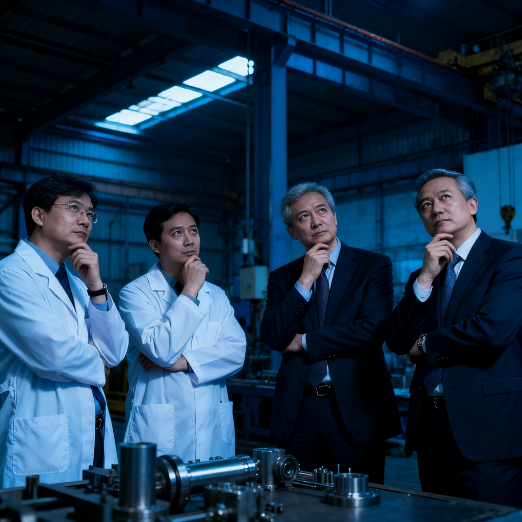 Equipe técnica em unidade fabril de produtos para saúde